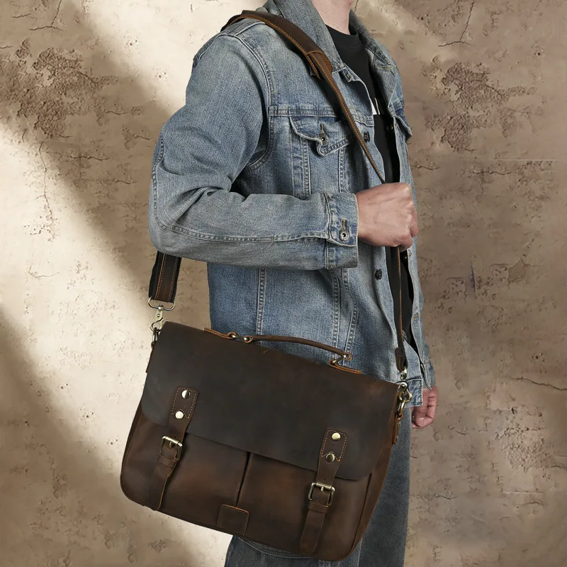 Men's Retro Briefcase Genuine Cowhide Leather Satchel Messenger Bag Detachable Adjustable Shoulder Strap 14 Inch Laptop Handbag