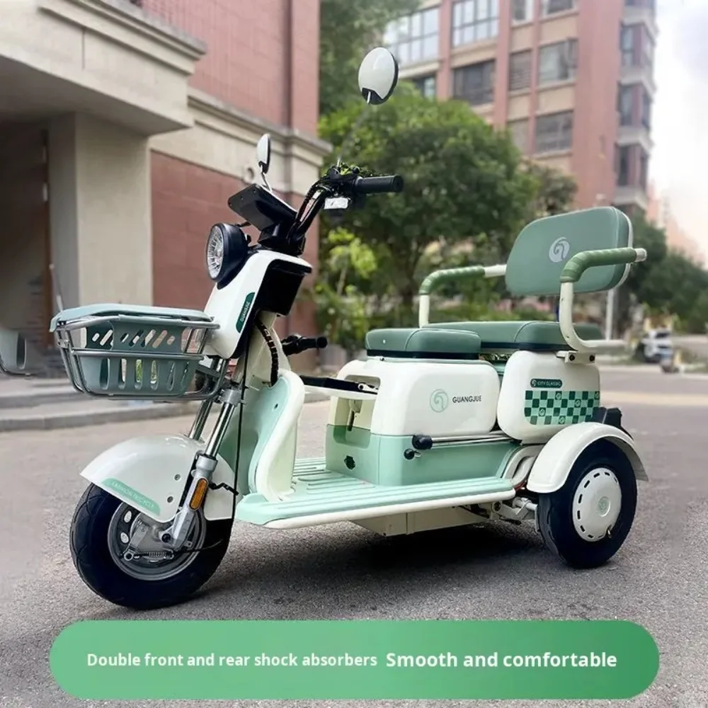 Open body three wheel electric passenger tricycle, lightweight steel frame, low cost, urban leisure battery vehicle