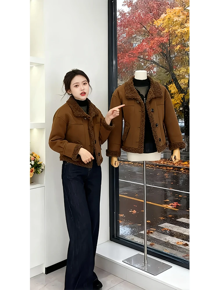 

Women's Retro Suede Lamb Fur Jaet ort Thi Warm Cotton Coat Korean Sle Commute Loose Fit Long Sve Regular Length
