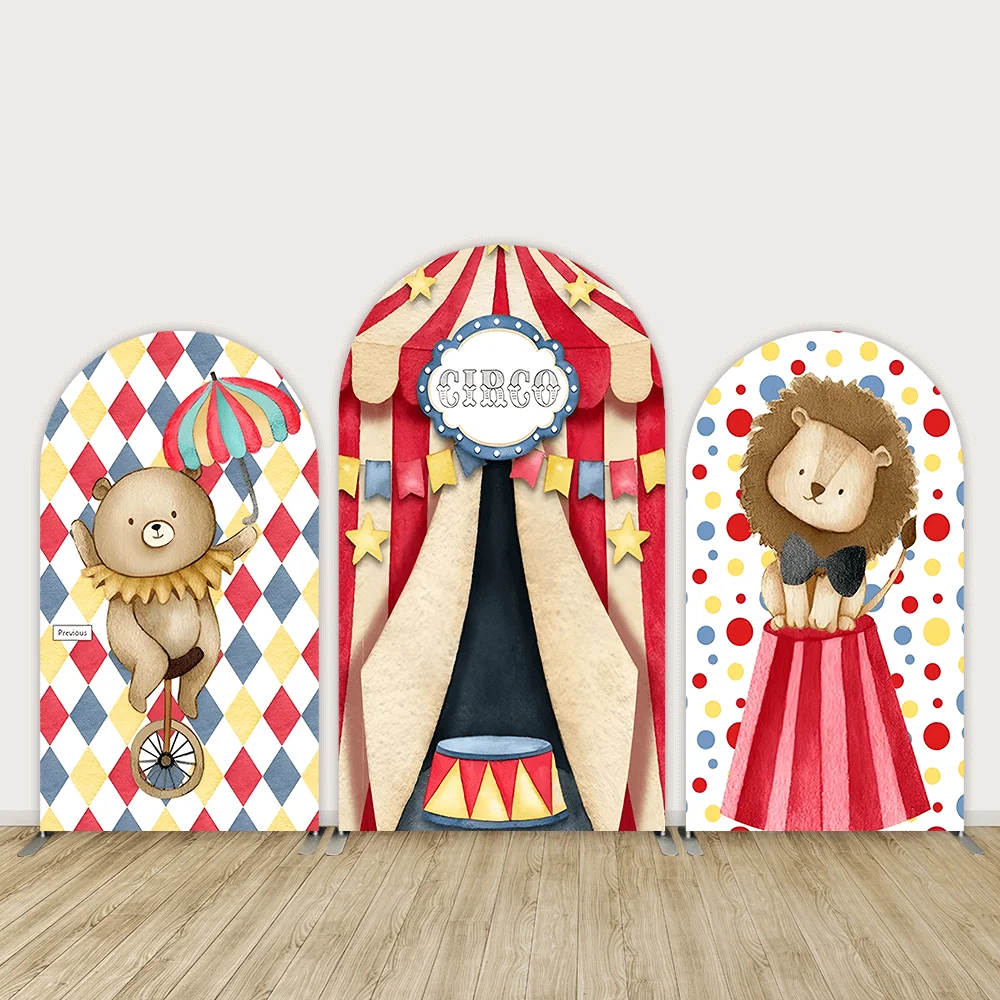 

Cartoon Arch Backdrop Red Circus Tent Carnival Background for Photography Birthday Party Decor Banner for Children