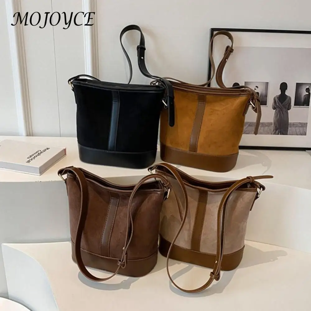 Women Suede Tote Bag Fashion Bucket Bag Large Capacity Patchwork Shoulder Bag Zip Closure Stylish Tote Purse Outdoor Travel Bag