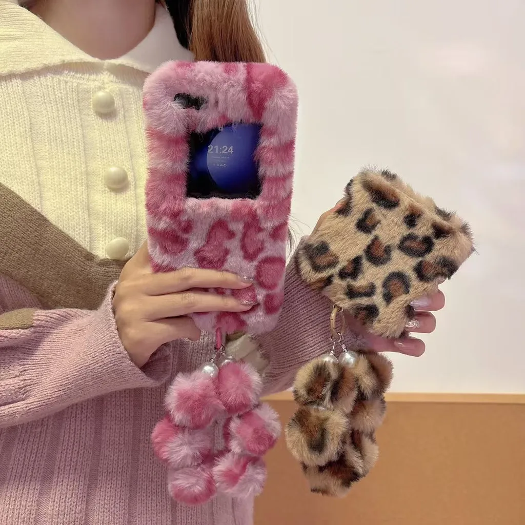 For Samsung Galaxy Z Flip 6 5 4 3 5G Funny Cute Cartoon Leopard Print Soft Fluffy Fur Case Cover With Fur Ball Hand Strap