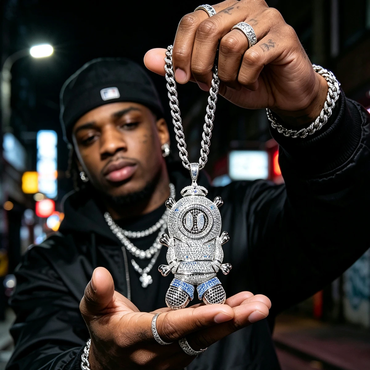 18K Gold Plated Crown Space Astronaut Cartoon Pendant 3D Hip Hop Bling Zircon Jewelry For Men Rapper Street Cuban Chain Accessory Sparkling Full Micro‑Paved CZ Stone Unique Custom Fine Jewelry Gifts For Him Party Daily Wear Iced Out Doll Charm Necklace