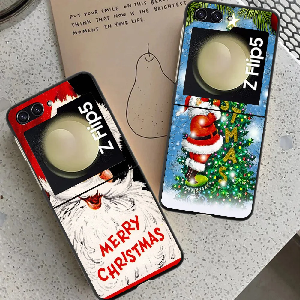 Christmas Santa Claus Present Case For Samsung Galaxy Z Flip 4 5 3 z Flip5 Flip4 5G Hard Phone Cover Flip3 Split Folding Black P