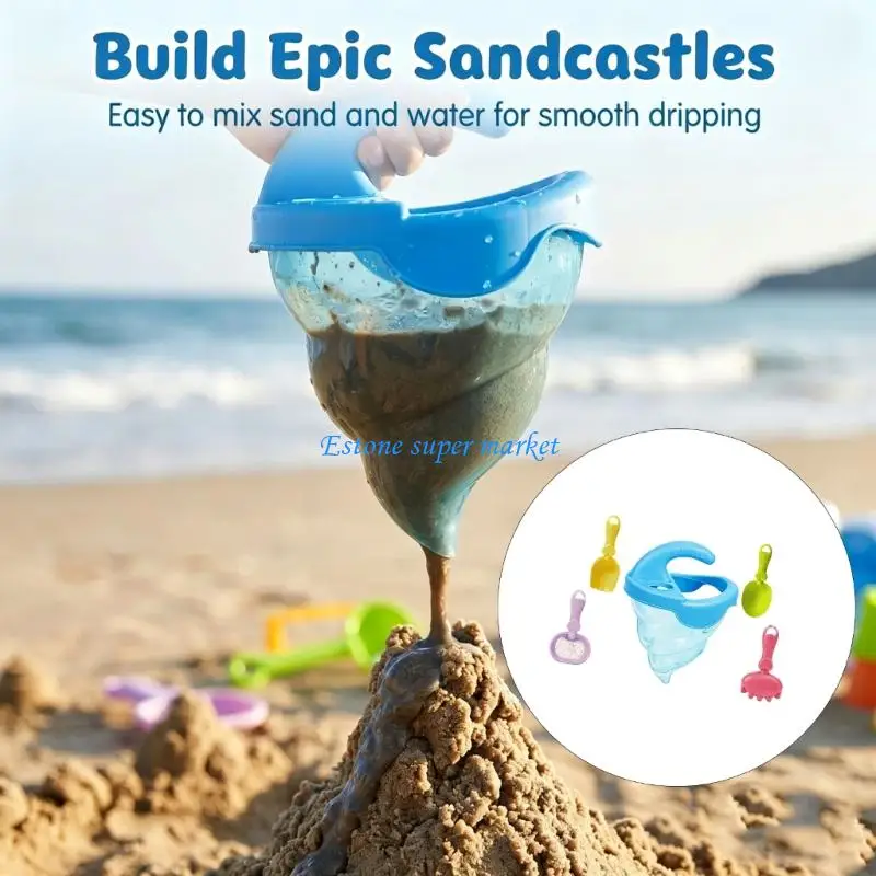 090B Cartoon Beach Toy Set with Shell Funnel and 4 Beach Tools, 5 Piece Sandcastle Making Toy Set for Poolside Tables, Beach