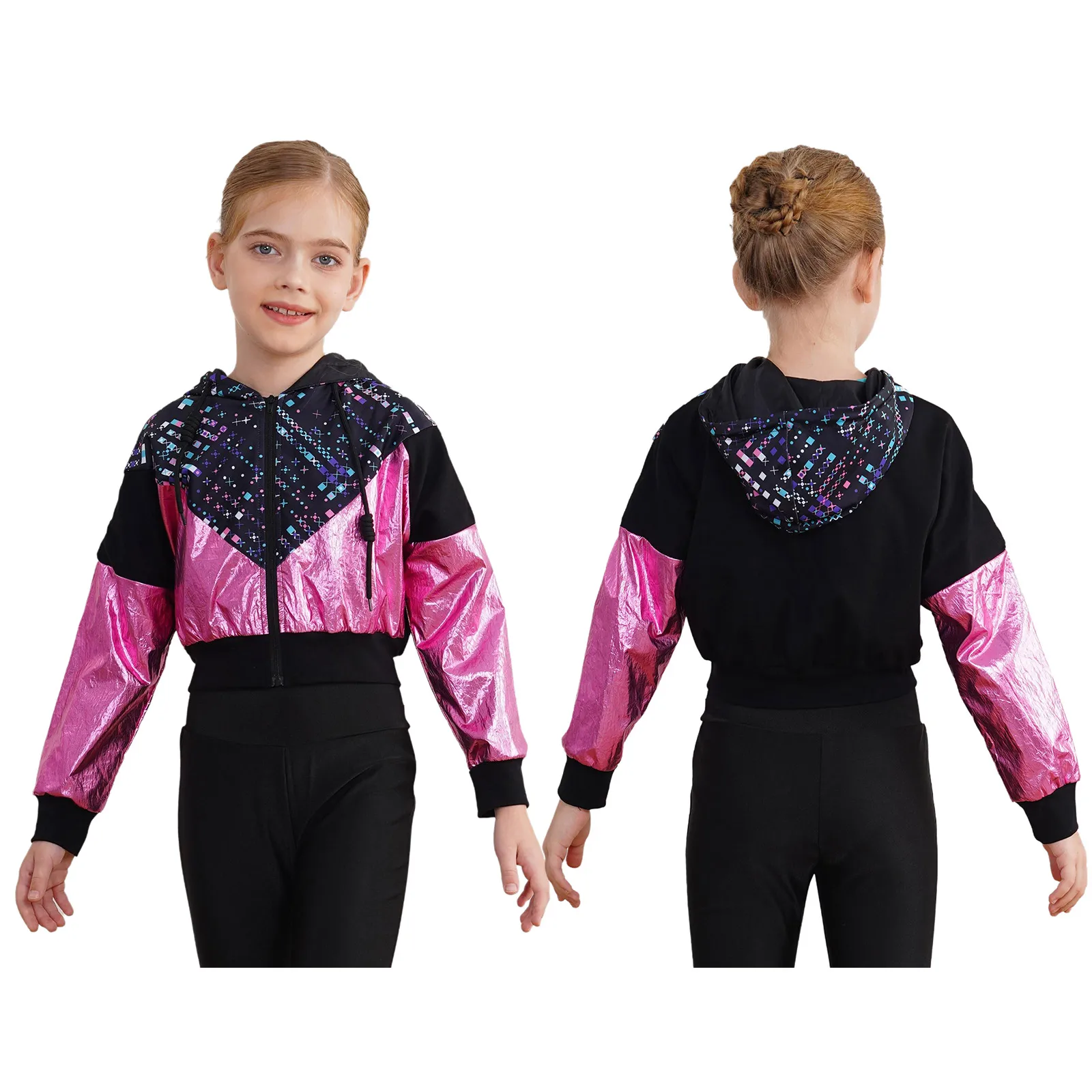 

Kids Girls Jazz Hip Hop Street Dance Hooded Crop Jacket Long Sleeve Printed Zipper Coat Outerwear Stage Dancewear Streetwear