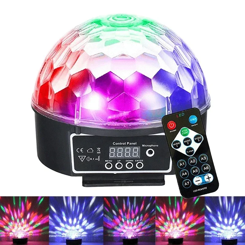 

9 Colors LED Disco Ball DMX Crystal Magic Ball Stage Lighting Effect DJ Party KTV Christmas Sound Activated Light With Remote