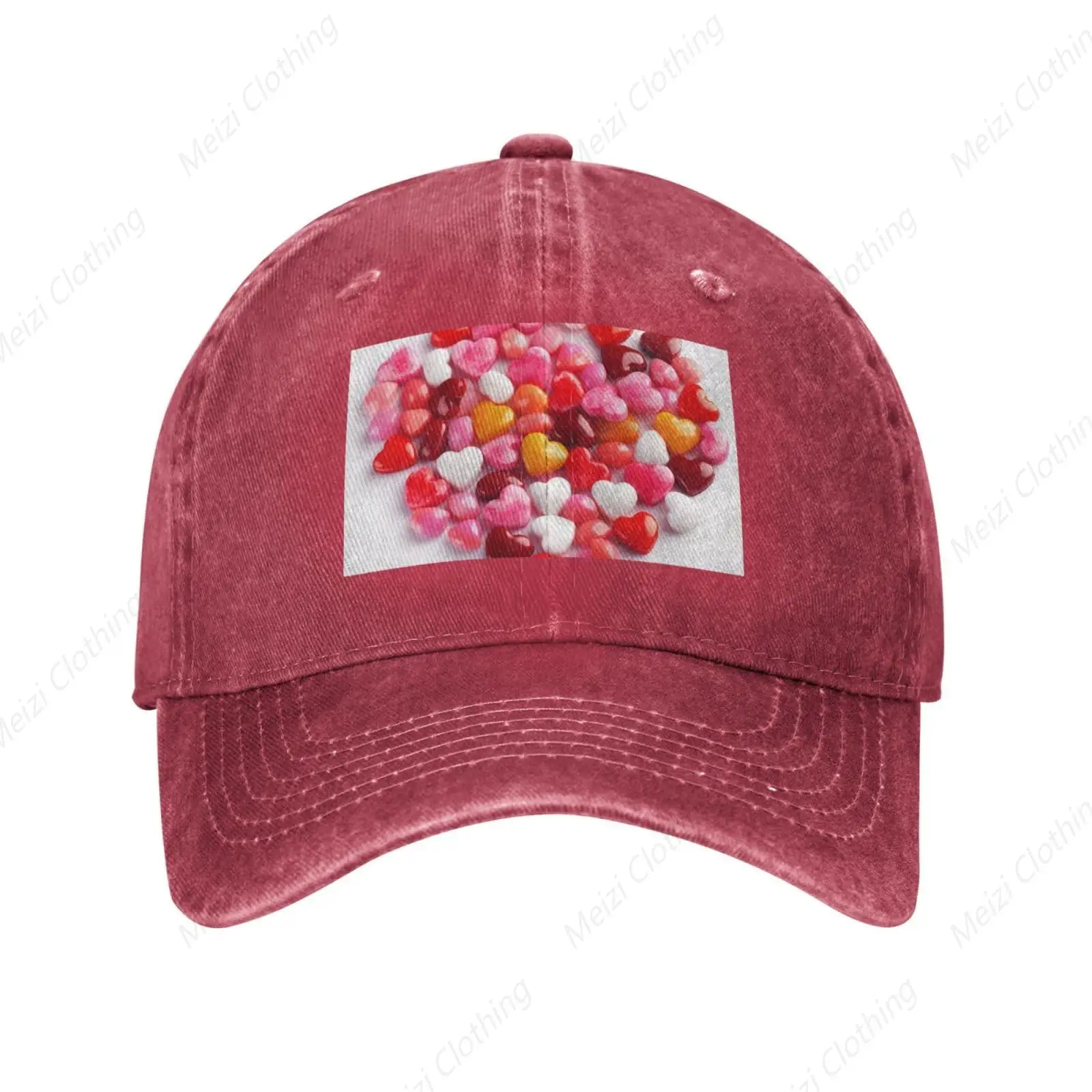 Heart Shaped Candy Print Pattern Vintage Worn Denim Baseball Cap Outdoor Sports Gift Truck Driver Cap