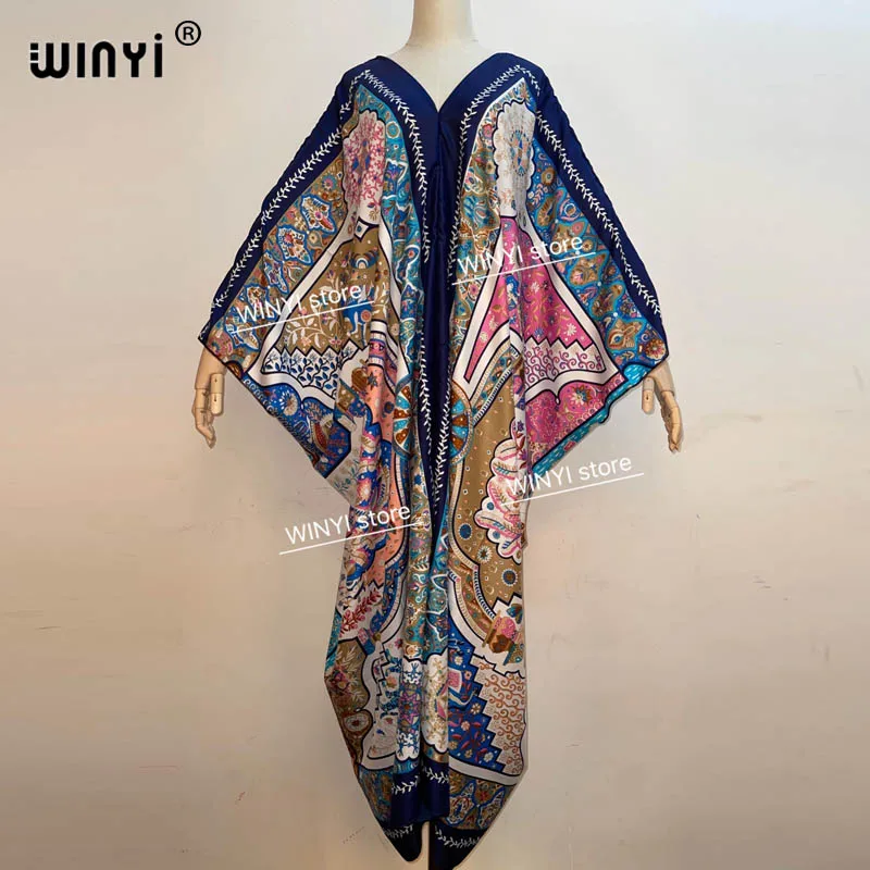 Traditional Printed Rayon WINYI maxi dress Dashiki African Women's Abaya Robe Long dresses for women Bohemian v-neck dress