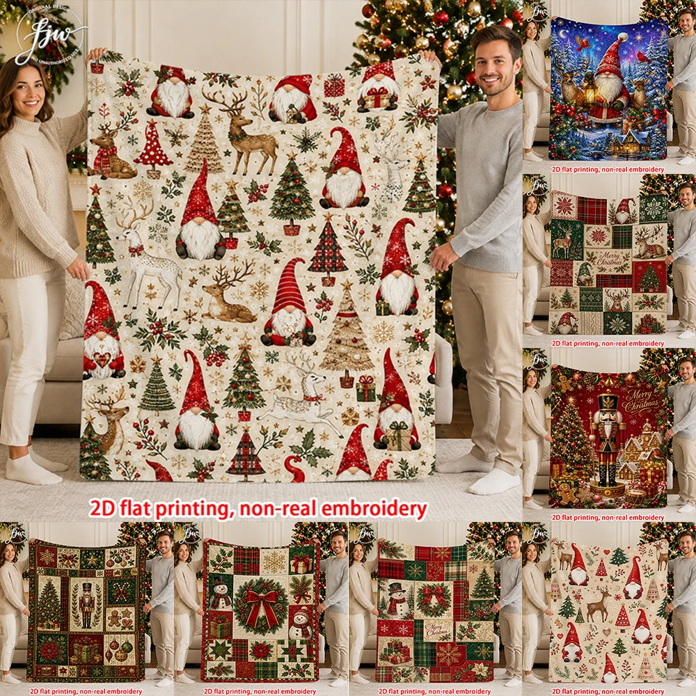 1pcs Christmas Gnome & Nutcracker Themed Fleece Blanket, Festive Holiday Decor Throw Blanket for Winter Home Couch Bed