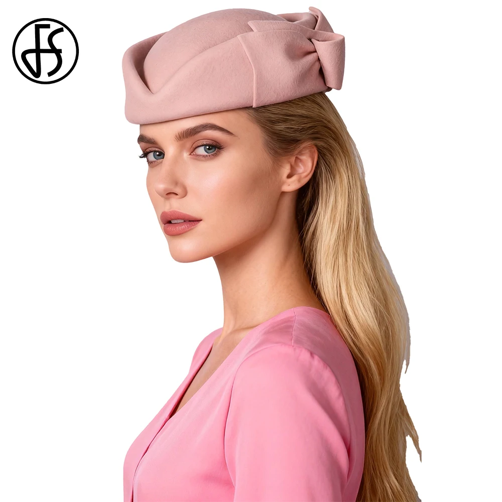 FS Elegant Tea Party Wool Pillbox Hats For Women White Pink Wedding Bride Cap Vintage Fedoras Hat With Bowknot Chapeau Femme