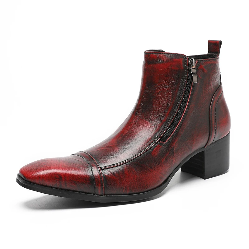 New Square Toe Wine Red Men's Boots with English Leather Double-sided Zipper High Heels for Men's Party Wedding Boots