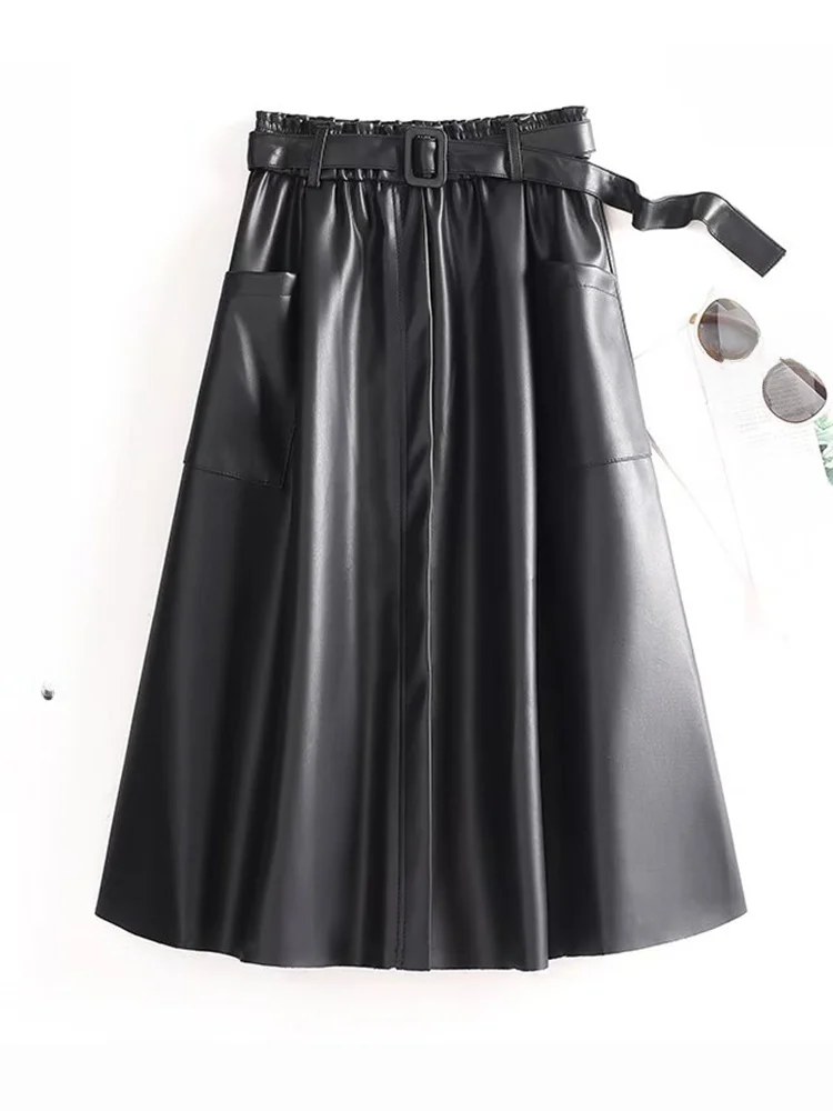  Ning High Waist A-Line  Skirt Women's Sheepskin Leather Belted Mid-Length Elegant Style Autumn Winter New Arrival