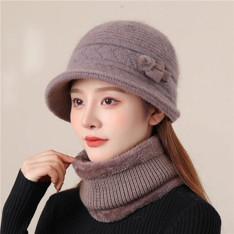 High-grade Rabbit Hair Wool Hat Bib Set Women\'s Winter Old Winter Warm Basin Hat Plus Cashmere Mother Fisherman Hat Women\'s Hat