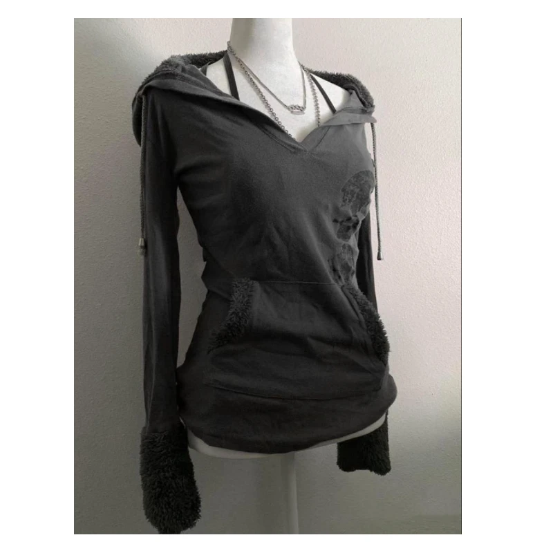2025 moletom com capuz novo estilo outono e inverno, estilo punk estilo rua com decote em V, top feminino