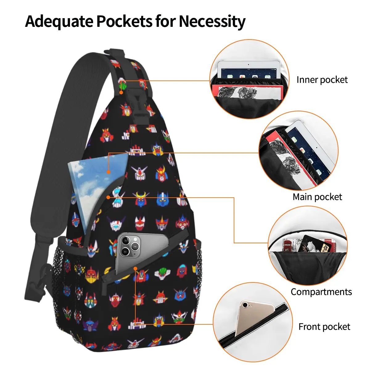 Goldorak UFO روبوت غرينديزر Crossbody الرافعة حقائب صغيرة الصدر حقيبة مازنجر Z الكتف حقيبة الظهر Daypack المشي لمسافات طويلة في الهواء الطلق التخييم حقيبة