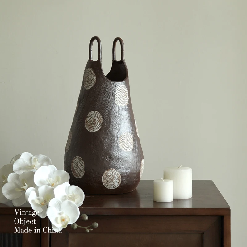Hand-Made Brown Polka Dot Double Handle Ceramic Abstract Floral Simple Creative Designer Art Vase Flower Arrangement Ornaments