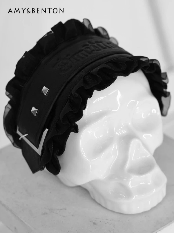 

Повязка на голову в стиле Dark Punk Gothic Lolita из серии Mine, аксессуар для волос Y2K, японская массовая серия, с заклепками и оборками, для женщин