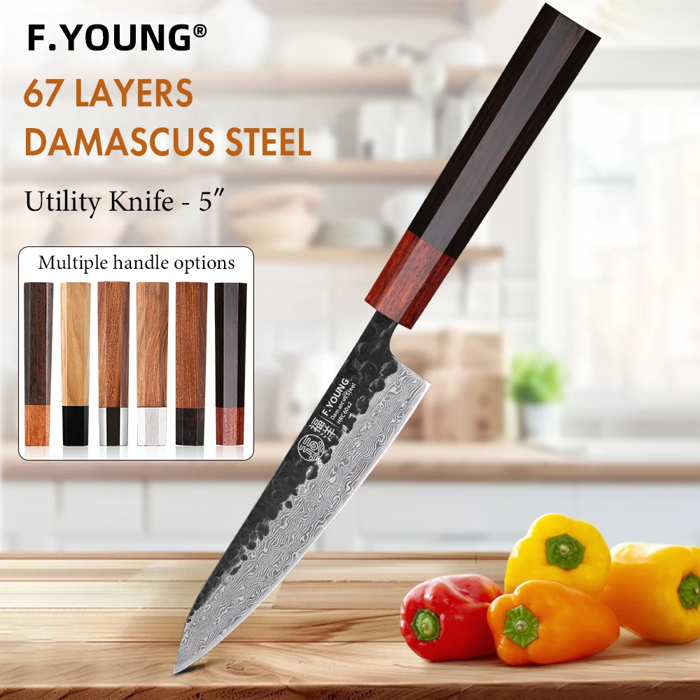 F.YOUNG 5-inch Japanese Hand Forged Kitchen Utility Knife Damascus Steel Chef Knives Sharp Vegetable Fruit Paring Cooking Tools