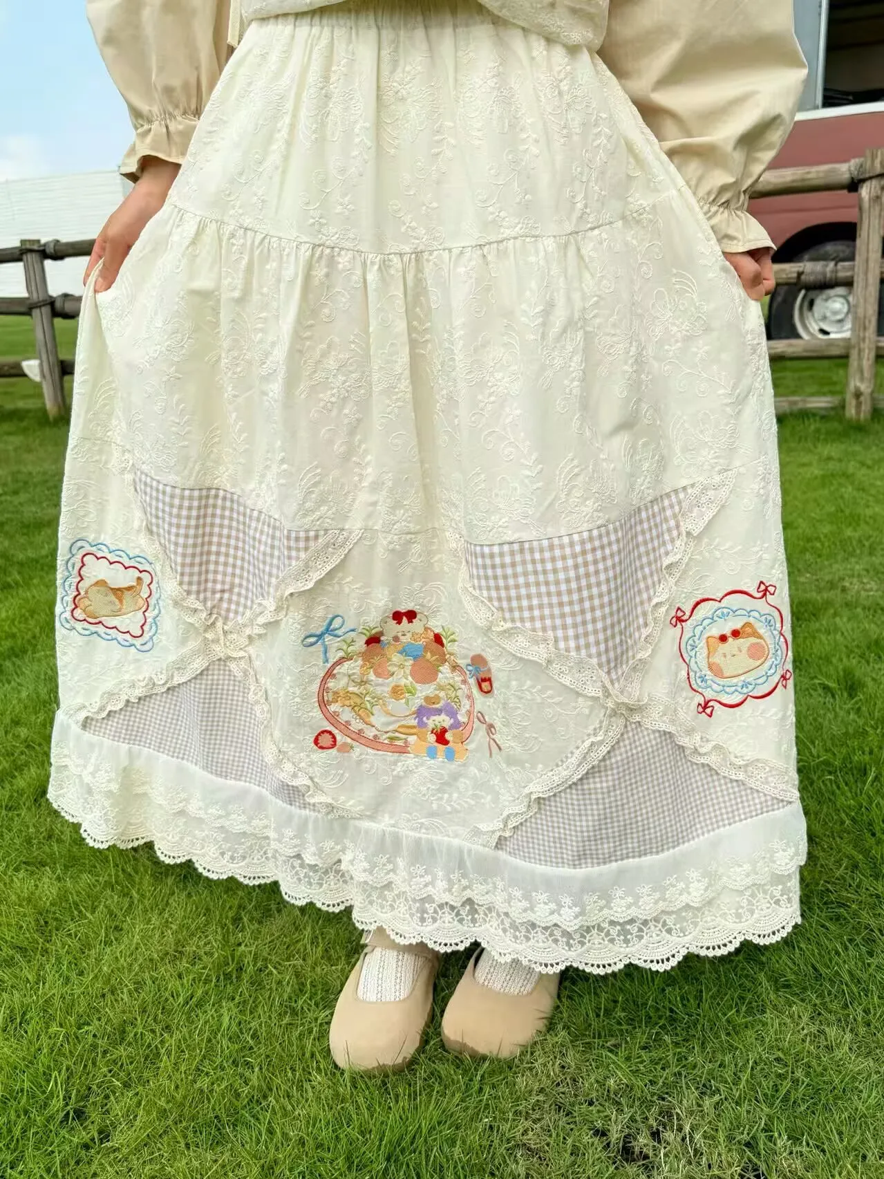 Women Vintage Cottagecore Cotton Embroidery Patchwork Spring Summer Long Skirt Retro Chic Mori Girl Sweet Lolita Skirt