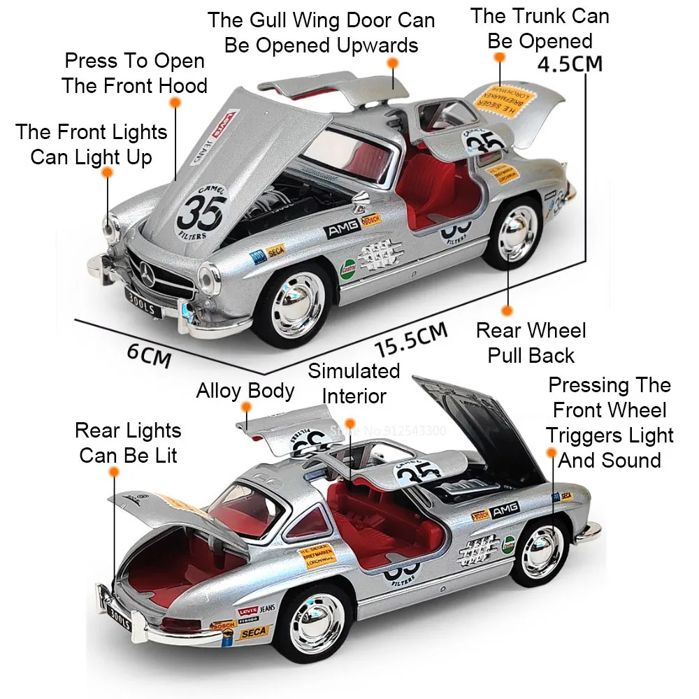 1:32 300SL 500k Vintage Car Model Toy Doors Opened Metal Diecasting Vehicle Sound Light Models Collection Gifts for Children