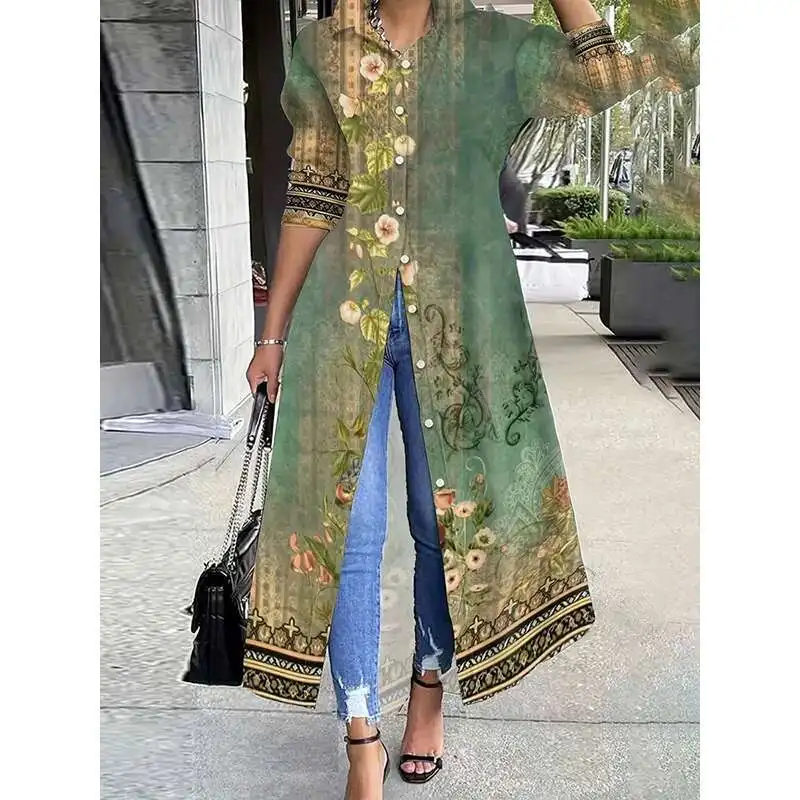

BabYoung Women's Vintage Outerwear Trench 2024 Autumn New Buttoned Flower Print Split-Join Spring Women Shirts Long Jackets