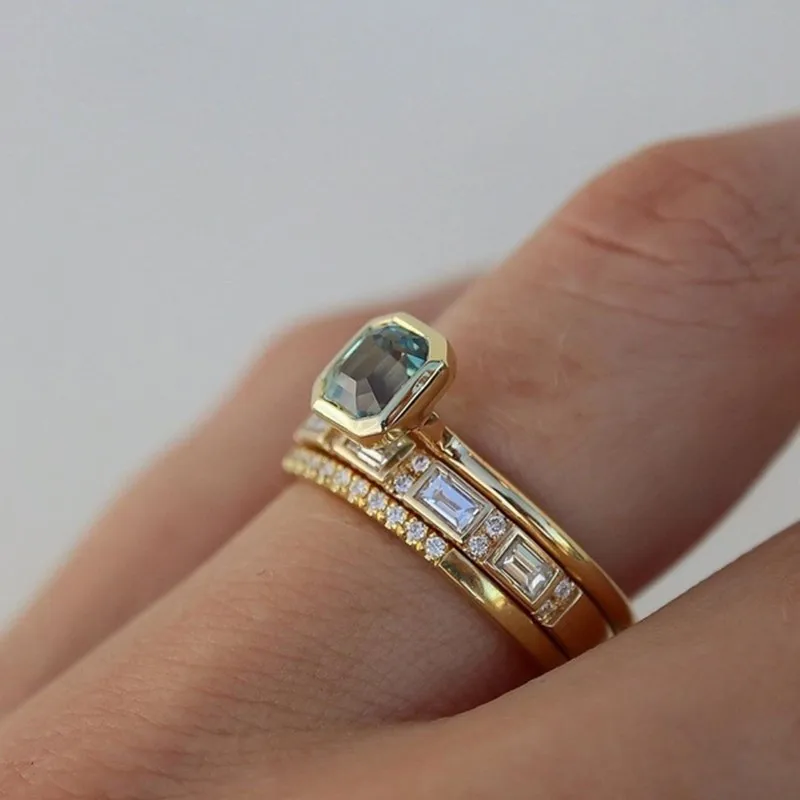 KSRA Fashion Creative Gold Color Inlay Blue Color Stone Three Rings For Women Party Accessories Gifts Custom Jewelry