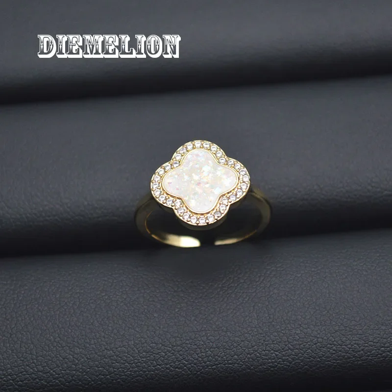 Rainbow White/Blue/Black Fire Opal Rings Gold Color Luck Four Leaf Clover Adjustable Ring for Women Wedding Engagement Jewelry