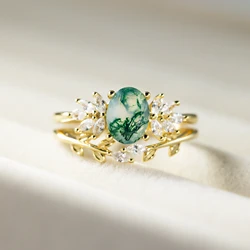 BOROSA  Unique Moss Agate V Shape Engagement Ring Set Wedding Ring 2pcs Bridal Ring Set in 925 Sterling Silver Fine Jewelry