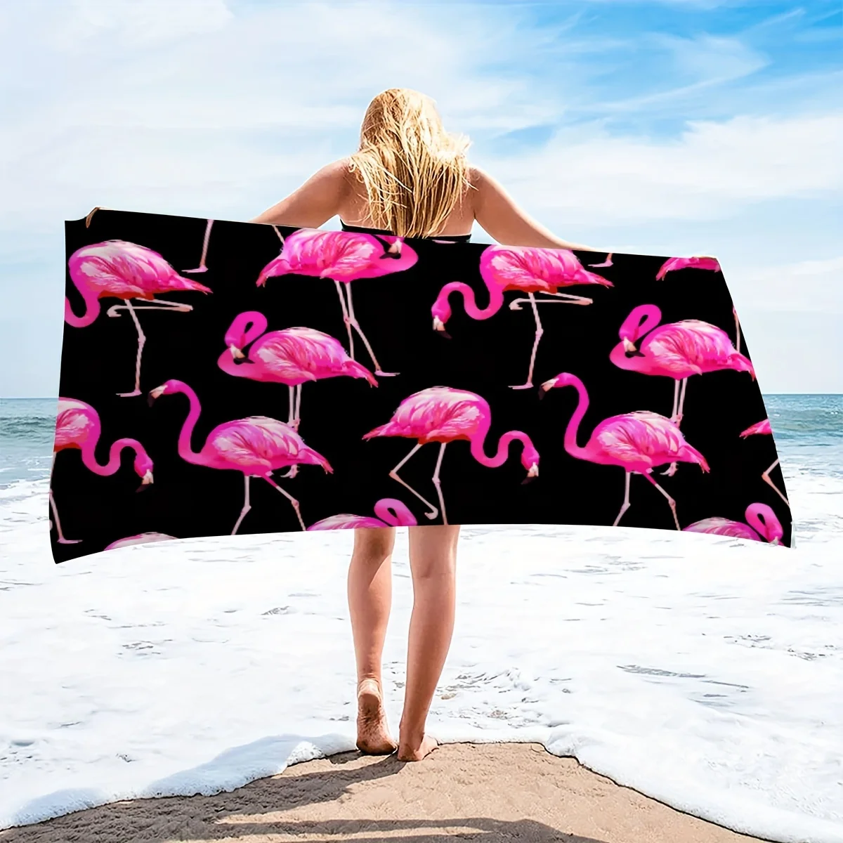 Customize Black Background with Hand-painted Flamingo Pattern, Seaside Summer Microfiber Beach Towel, 1pc
