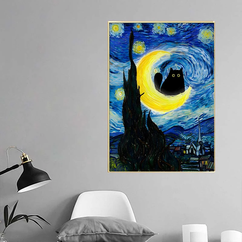 Affiche de chef-d \'œuvre de chat noir drôle, peinture sur toile, art mural, décor de chambre à la maison, peintre de renommée mondiale, Monet, Van