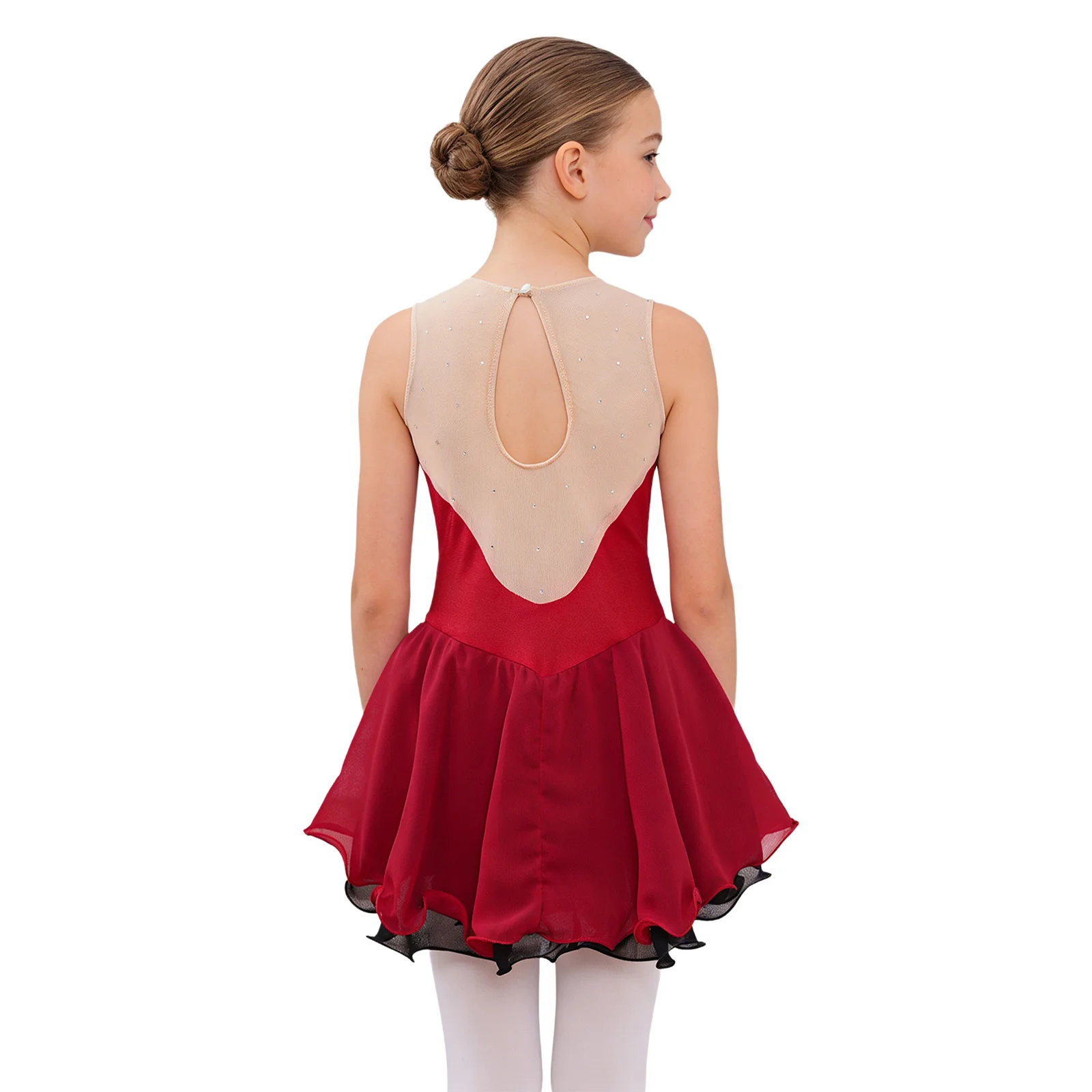 Kids Girls Figure Skating Ballet Dance Dress Sleeveless Shiny Rhinestone Chiffon Leotard Rhythmic Gymnastics Performance Costume