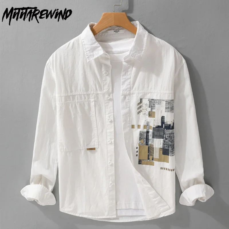 

Spring Summer New White Shirt Men Japanese Fashion Streetwear Patchwork Top 100%Cotton Long Sleeve Man Shirt Casual Shirts Youth