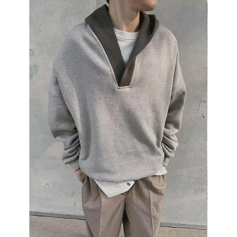 Men's New Spliced Hooded Sweatshirt Lazy Style High-end Plus Velvet