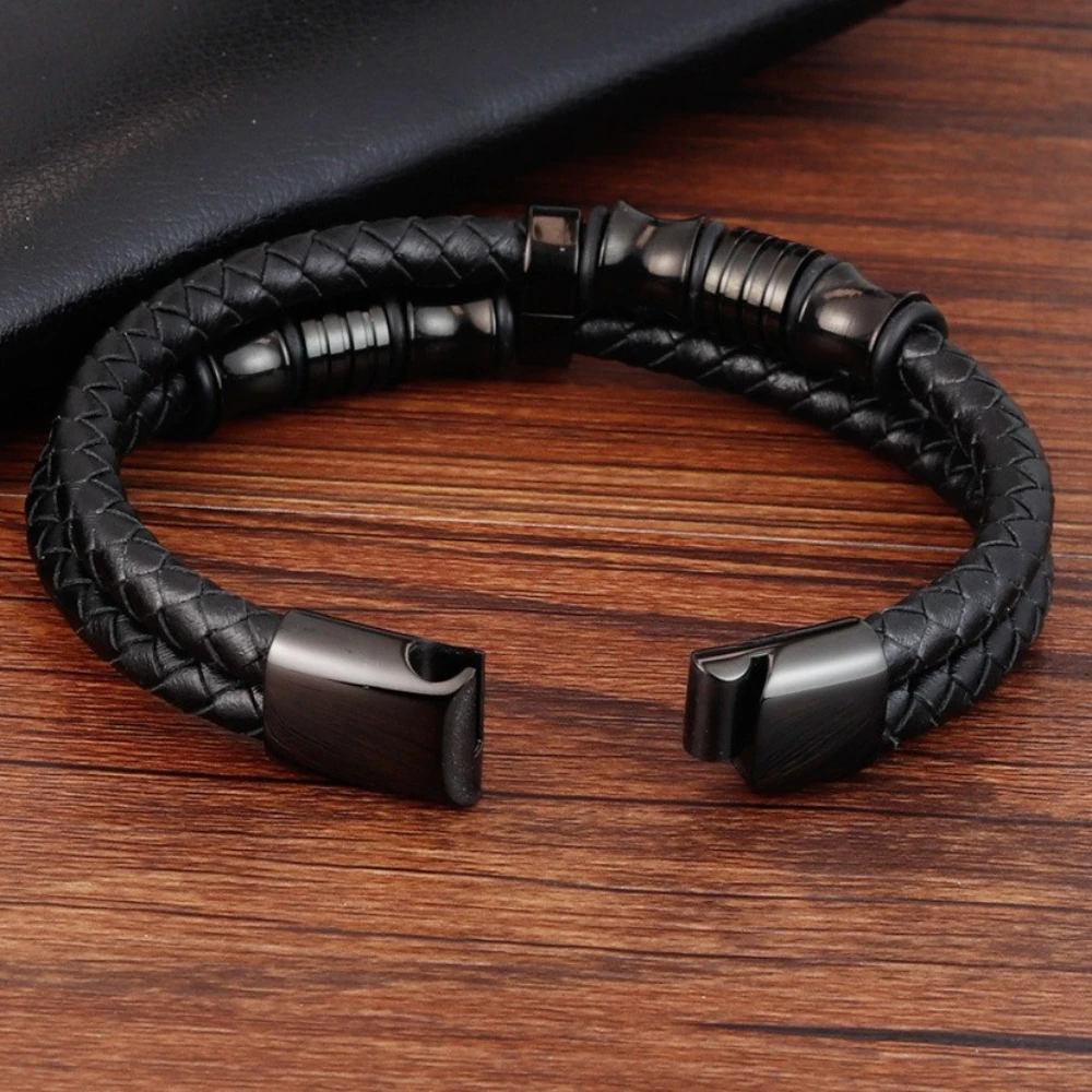 Doppelschichtige schwarze echtes Leder gewebte Armbänder Edelstahl Männer personalisierte High-End-Armreifen Modeschmuck – Detail 5