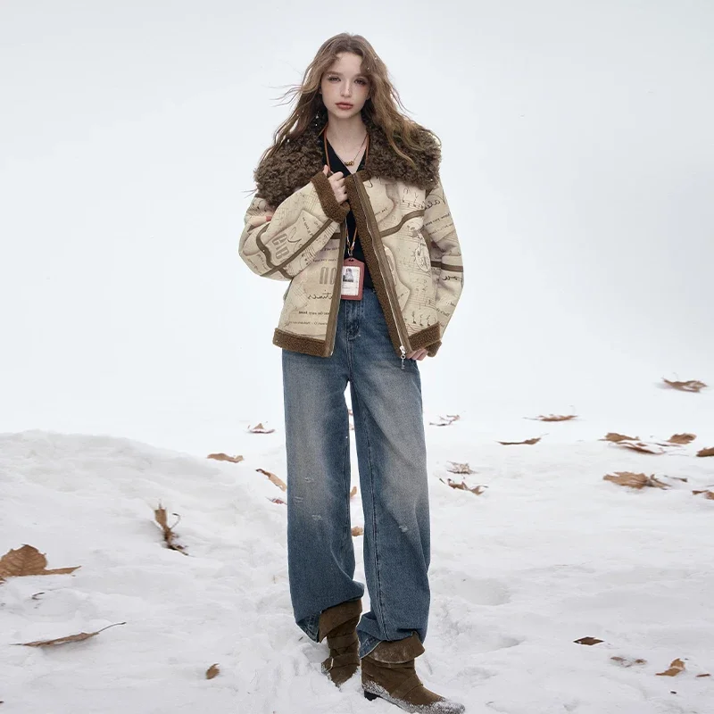 ELFSACK Y2K Vintage Plush Lapel Letter Staff Outer Faux Leather Wool Blend Coat For Women