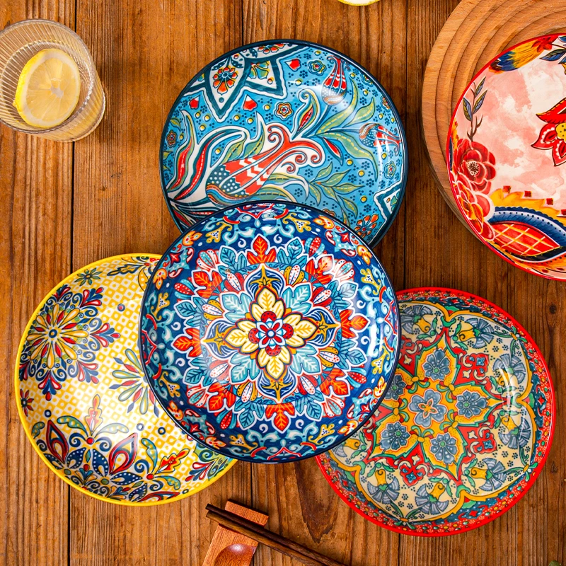 7/8inch Bohemian Ceramic Underglaze Colour Plate High Appearance Level Home Creative Dish Plate Fruit Steak Round Plate