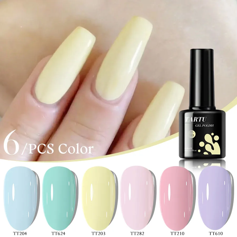 ชุดยาทาเล็บเจลกึ่งถาวร 6 สี ได้แก่ สีแดง สีน้ำเงิน สีเขียว สีชมพู สีครีม สีนู้ด และสีแดงอมน้ำตาล ทนความชื้น ป้องกันรังสียูวี/แอลอีดี