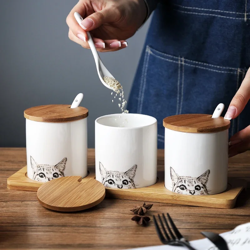 Nordic Kitchen Seasoning Storage Box Ceramics Spice Jar Three-piece Set with Wooden Pallet Home Use Seasoning Set Combination