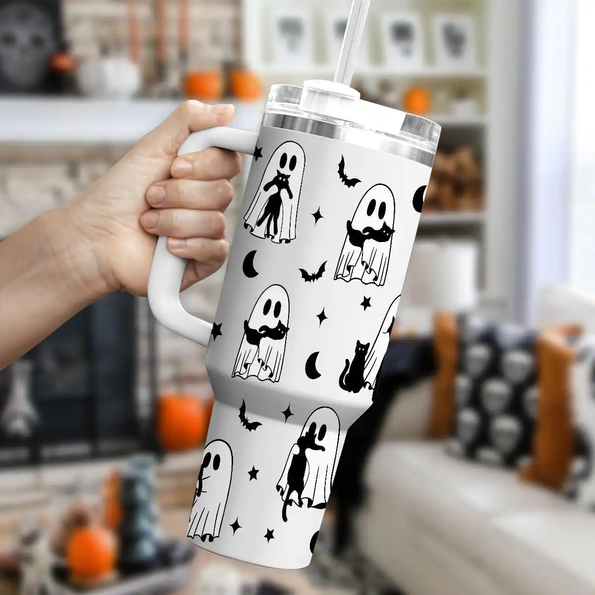 Halloween gelas minum terisolasi baja tahan karat, baru dengan tutup, sedotan & pegangan 1200ml cangkir sedotan kapasitas besar pegangan Mug portabel