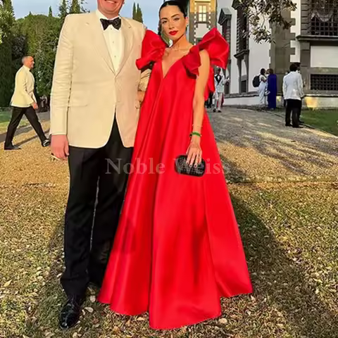 V Neck Satin Pleat Evening Dress A Line Prom Party Gown Customize