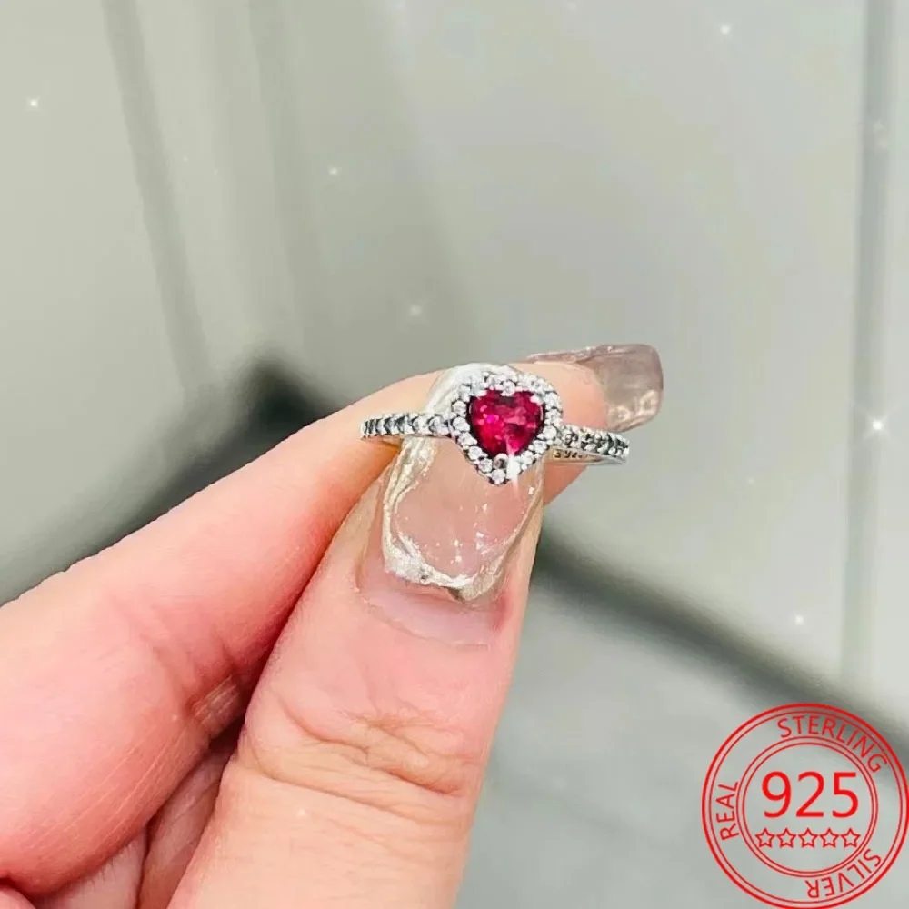 Nova 925 Sterling Silver Sparkling Coração Halo Pingente Collier Colar Red Heart Ring Rodada Hoop Brincos Mulheres Jóias Set Gift