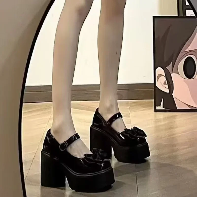 Spring Thick Heels Platform Janes Women Sweet Lovely Ankle Strap Lolita Shoes Woman Patent Leather Bow tie High Pumps