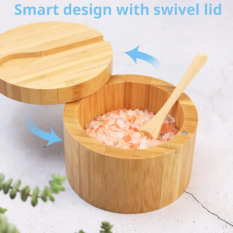 Bamboo Salt Cellar With Mini Spoon Kitchen Salt Box With Lid Pepper Spice Seasonings Salt Jar Storage Container