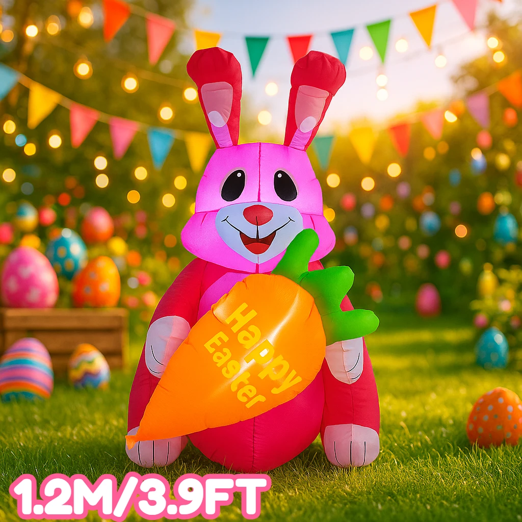 

Надувной красный кролик с морковью для Пасхального фестиваля, модель 1.2 м/3.9 фута, DIY, со светодиодной подсветкой, для украшения сада и двора