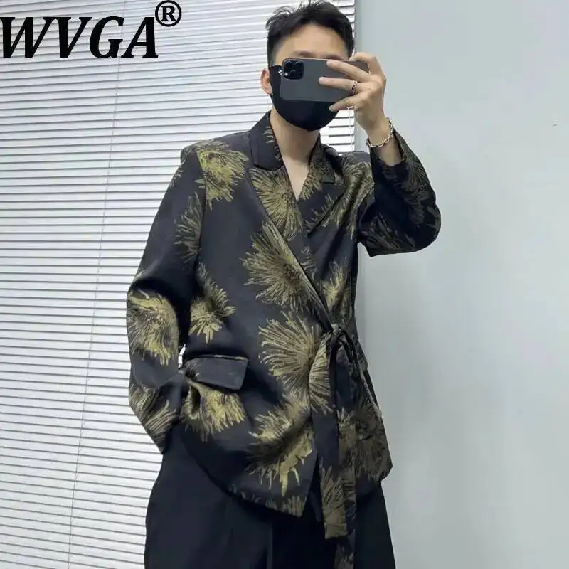 WVGA Spring Autumn New Man High-end Printed Asymmetrical Lace-Up Design Jackets Niche Chic Casual Turn-Down Collar Blazer W23153