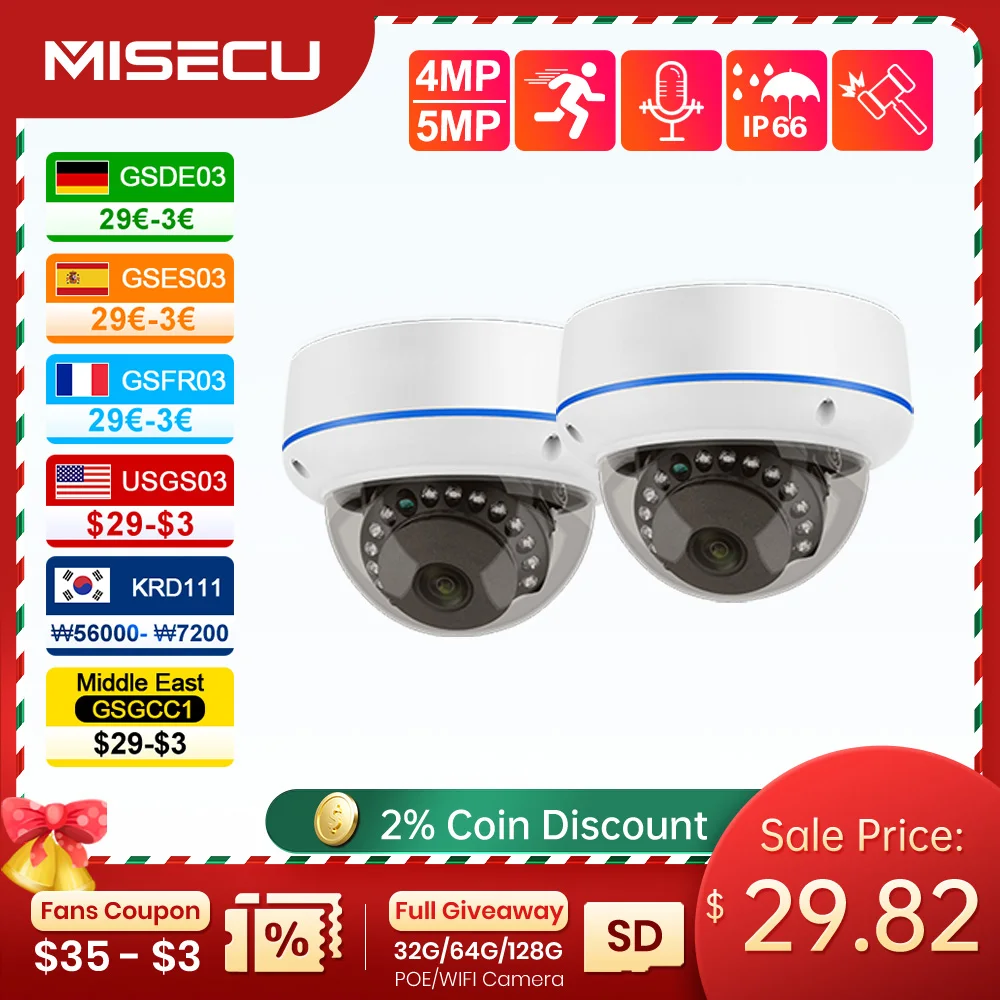 

MISECU HD 5MP 4MP H.265 Surveillance IP POE Camera Microphone Dome Indoor Motion Detect Video Security Home Camera P2P