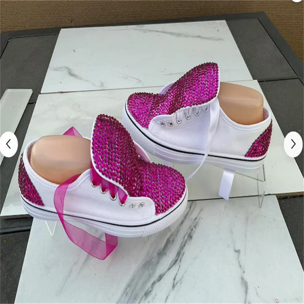 White low top purple rhinestone ribbon accessories custom style canvas shoes integrated sports casual shoes women\'s shoes 35-46