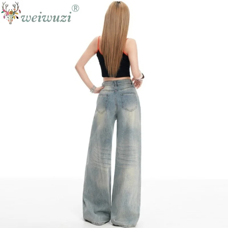 Women American Retro Washed Ripped Hole Jeans 2026 Summer New High Waist Loose Fit Wide‑Leg Denim Pants Y2K Distressed Trousers