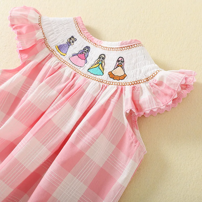 Plaid Fashion Princess Dress For Baby Girls Kids Boutique Clothing Pink Handmade Embroidery Dresses Children Flying Sleeve Frock